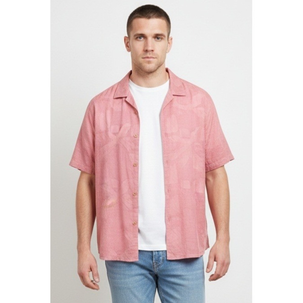 Tommy Bahama Mens Large Peach Silk Short Sleeve Camp Shirt Textured Embossed